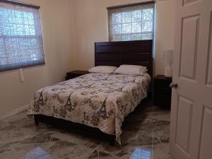 a bedroom with a bed and two windows at Prospect Loft in Kingstown