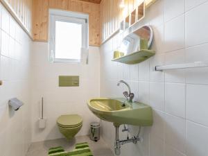 a bathroom with a green sink and a toilet at Familien Lodge Fleckalm in Kirchberg in Tirol +24 photos