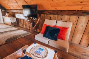a room with a couch and a television in a cabin at Chalé dos Alves in Morro Azul