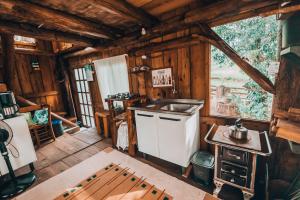 a kitchen in a log cabin with a sink and a stove at Chalé dos Alves in Morro Azul