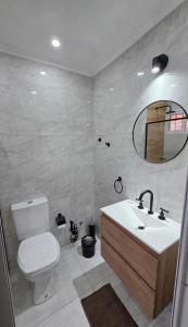 a bathroom with a toilet and a sink and a mirror at Hospedaje Los Vencejos in Puerto Iguazú