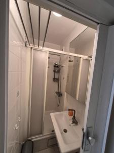 a small bathroom with a sink and a shower at Appartement Esmeralda in Knokke-Heist