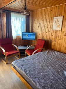 a bedroom with a bed and two chairs and a tv at The Orchard Manor in Ociu