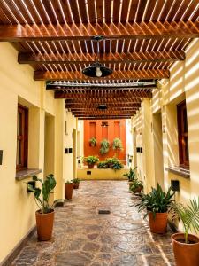 a hallway with potted plants in a building at Hotel Belgrano in Tilcara