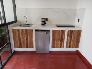 a small kitchen with a sink and a dishwasher at Hotel Casa Capadose in Tlayacapan