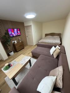a living room with a couch and a bed at Harmony Apartments Lux in Liepāja