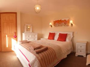 a bedroom with a large bed with red pillows at Plas Rhiwlas in Machynlleth