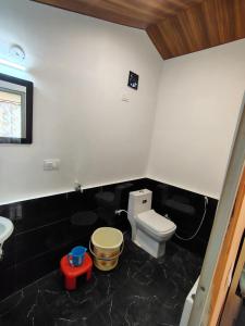 a bathroom with a toilet and a sink at Prarambh Cottages in Bhowāli