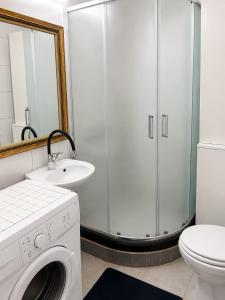 a bathroom with a washing machine and a sink at Ars Rooms in Prizren