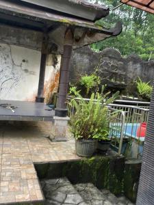 a patio with a bench and potted plants at Cozy stay wsb in Wonosobo +2 photos