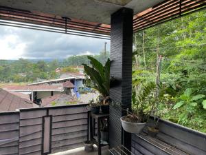 a balcony with potted plants and a large window at Cozy stay wsb in Wonosobo