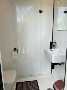 a white bathroom with a sink and a toilet at Kargevärava kämping in Kapra +17 photos