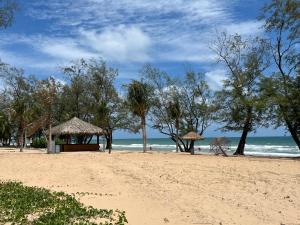 a beach with a hut and trees and the ocean at Arcadia homestay in Phú Quốc