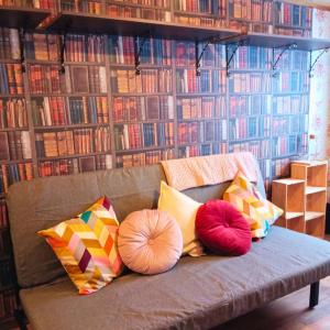 a couch with pillows in front of a wall of books at Emporium in Lobbes