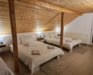 a room with three beds and a wooden ceiling at Cabana Tarța din Blidari 1 in Baia Mare