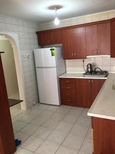 ブルサにあるAbbasi Apart 3のキッチン(白い冷蔵庫、木製キャビネット付)