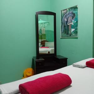 a bedroom with a mirror and an elephant in it at Kalana Homestay in Sigiriya