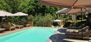 ein Schwimmbad mit Liegestühlen und Sonnenschirmen in der Unterkunft Stalla in Ortiporio