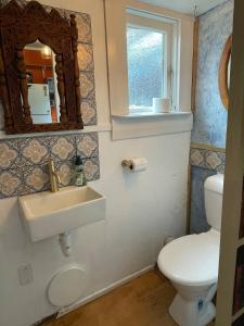 a bathroom with a toilet and a sink and a mirror at Le Bach - Rustic Central Raglan in Raglan +14 photos