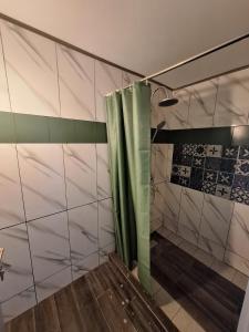 a shower with a green shower curtain in a bathroom at Guesthouse Story in Lagodekhi in Lagodekhi +9 photos