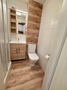 a bathroom with a toilet and a sink and a mirror at Nautica Stúdió by HelloBalatonlelle in Balatonlelle +13 photos