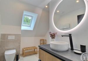 a bathroom with a sink and a mirror at Gîte La Parenthèse in Troguéry +27 photos