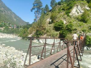 people standing on a bridge over a river at The Morchella House Tirthan Valley in Gushaini