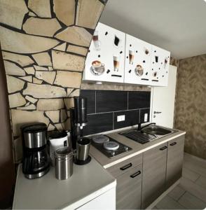 eine Küche mit Herd und Steinwand in der Unterkunft Pooloase in Colbitz