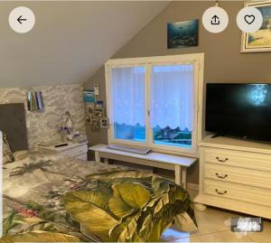 a bedroom with a bed and a tv and a window at Arlette Guest House in Essarts