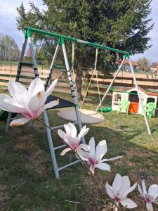 a swing set with pink and white flowers on it at Sosnowy Domek in Zator