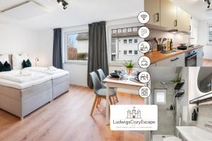 a kitchen and living room with a table and a dining room at LudwigsCozyEscape - Ruhiges Design-Apartment mit Balkon & Parkplatz, 4 Gäste, SmartTV in jedem Zimmer, Highspeed WLAN, Workspace, 24h Self Check-in in Ludwigsburg +13 photos