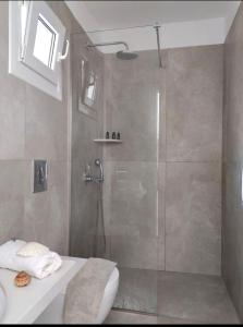a bathroom with a shower with a toilet and a sink at NIKOLAS HOUSE CLOSE To TOWN in Mikonos +199 photos