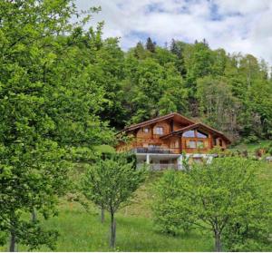 a large wooden house in the middle of a forest at B&B Le Chalet in Les Sciernes d'Albeuve