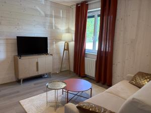 a living room with a couch and a tv at Domaine de cézille-Appart hotel le Moulin du lac in Jayat