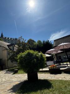 a tree in the middle of a courtyard with umbrellas at Le Château des saveurs in Mello