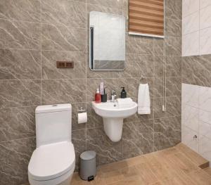 a bathroom with a white toilet and a sink at Pinnacle Apartment Lekki in Lekki