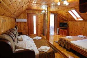 a room with a couch and a bed in a cabin at Cabana Sargetia in Costeşti +33 photos