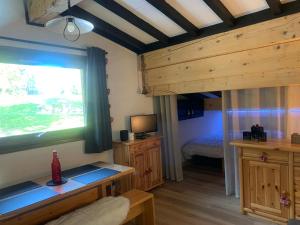 a bedroom with a bed and a window and a television at Bouquetin studio cosy in Notre-Dame-de-Bellecombe