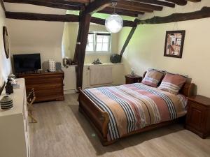 a bedroom with a bed and a television in it at La Gentilhommière in Rogerville