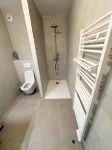 a small bathroom with a toilet and a shower at Suarina in Porto-Vecchio +4 photos