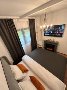 a bedroom with a couch and a tv and a fireplace at Tiny Cozia Caciulata in Caciulata