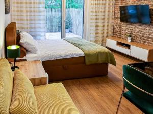 a bedroom with a bed and a tv and a couch at Nowy Dwór Mazowiecki Chic Studio by BookingHost in Nowy Dwór Mazowiecki