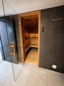 a bathroom with a walk in shower next to a sauna at Apartmán 18 Lidická bouda in Pec pod Sněžkou