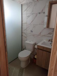 a bathroom with a white toilet and a sink at IASONAS APARTMENTS in Mastihari