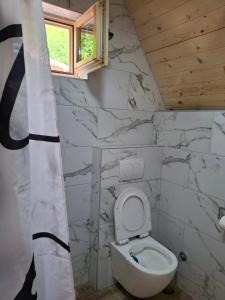 a bathroom with a toilet and a stone wall at Lake house Andrej & Andrea in Kuside