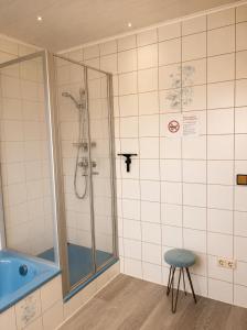 a bathroom with a shower and a blue stool at Monteurzimmer-Graf in Nidda