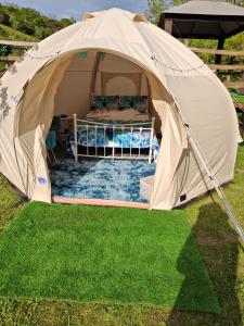 a tent in a field with a bed in it at The Shire Glamping in Kearsney