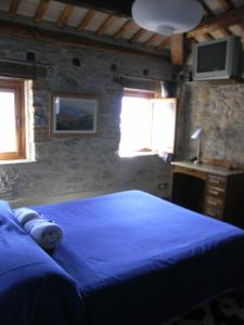 a bedroom with a blue bed and two windows at B&B Casa di Campagna in Miane