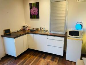 a kitchen with a sink and a microwave at Studio Cosy in Saint-Juéry