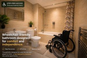 a wheelchair friendly bathroom designed for comfort and independence at Sidemersey Livings- Rare Accessible 2BR Liverpool City Centre Apartment in Liverpool +63 photos